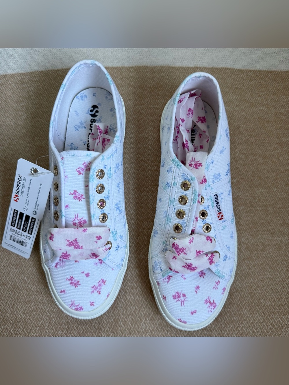 Superga White Canvas Sneakers with Pink & Light Blue Floral Print size 8